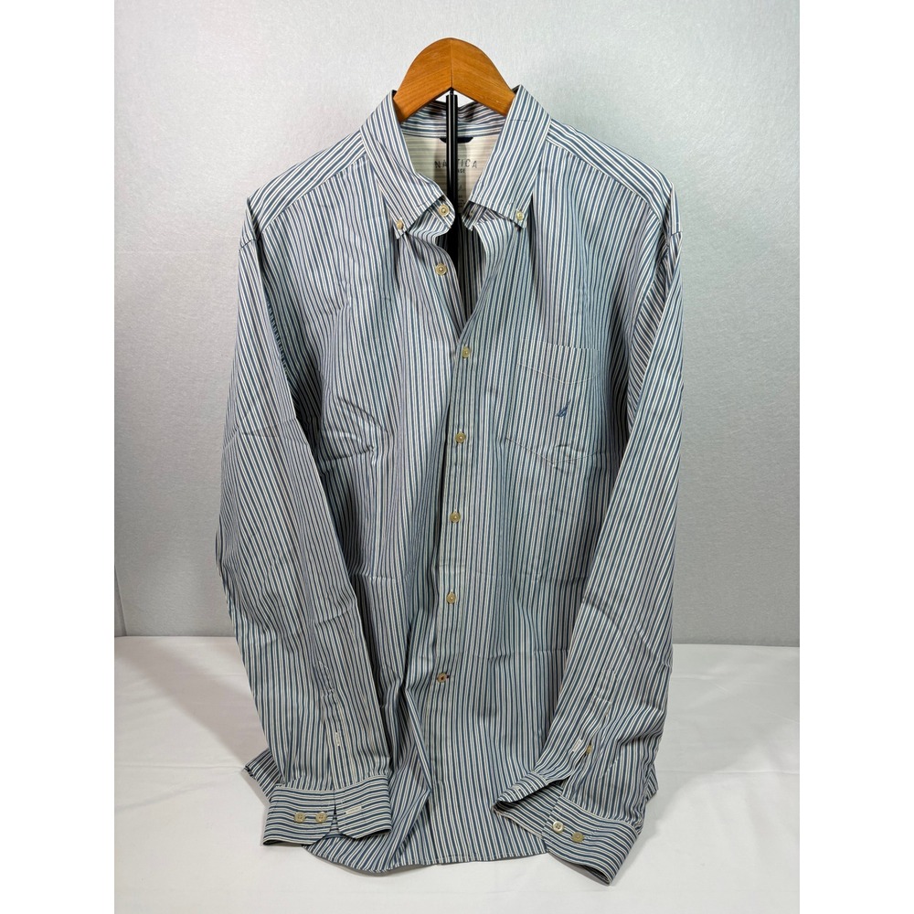 Nautica Vintage Mens XL Blue White Striped Long Sleeve Button Down Cotton Shirt